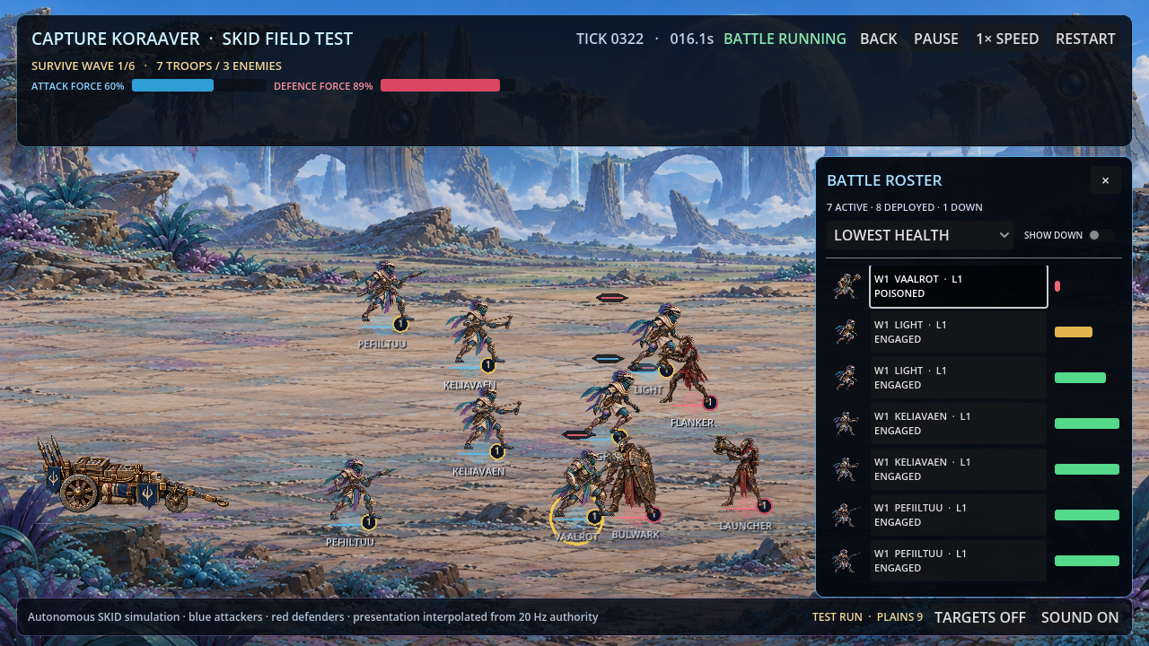 Capture Koraaver deterministic autonomous battlefield with live roster
