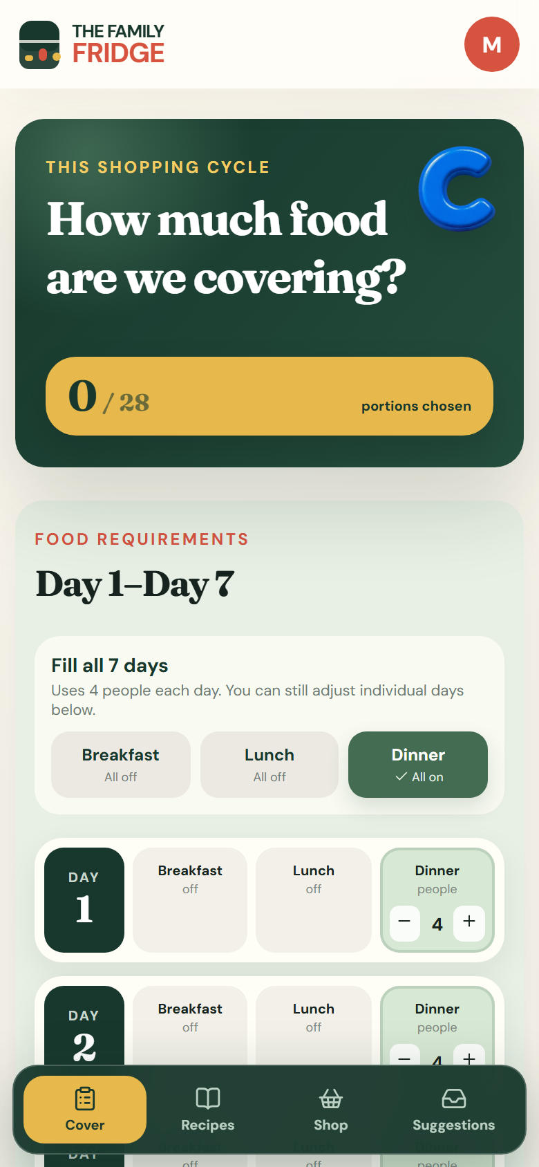 The Family Fridge meal-cover screen with seven dinners enabled for four people