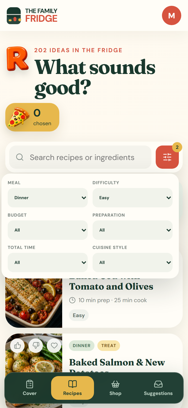 The Family Fridge recipe catalogue filtered to easy dinner recipes