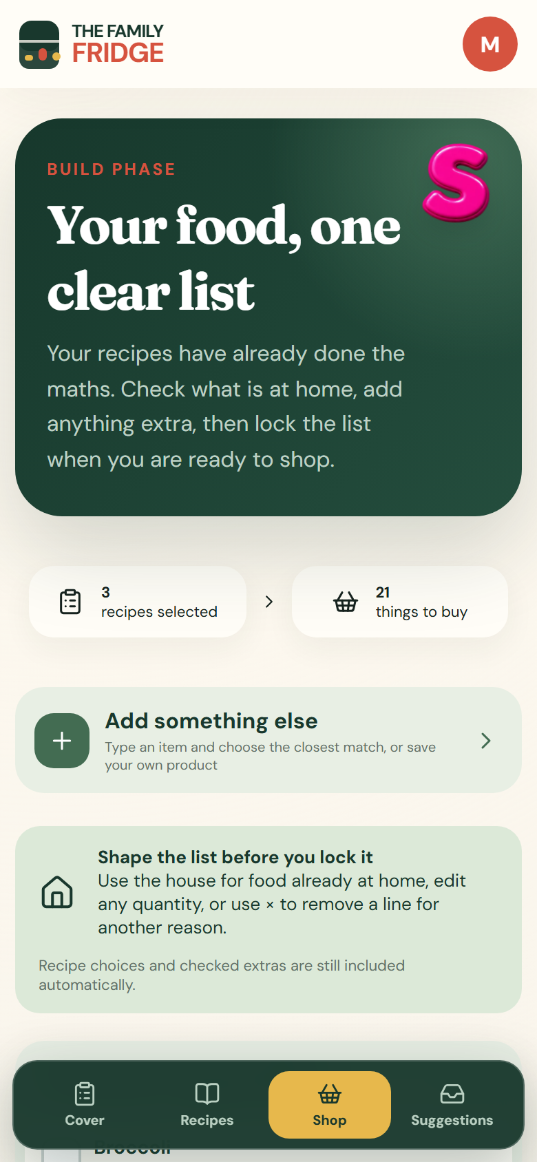 The Family Fridge shopping-list builder with three recipes and twenty-one items