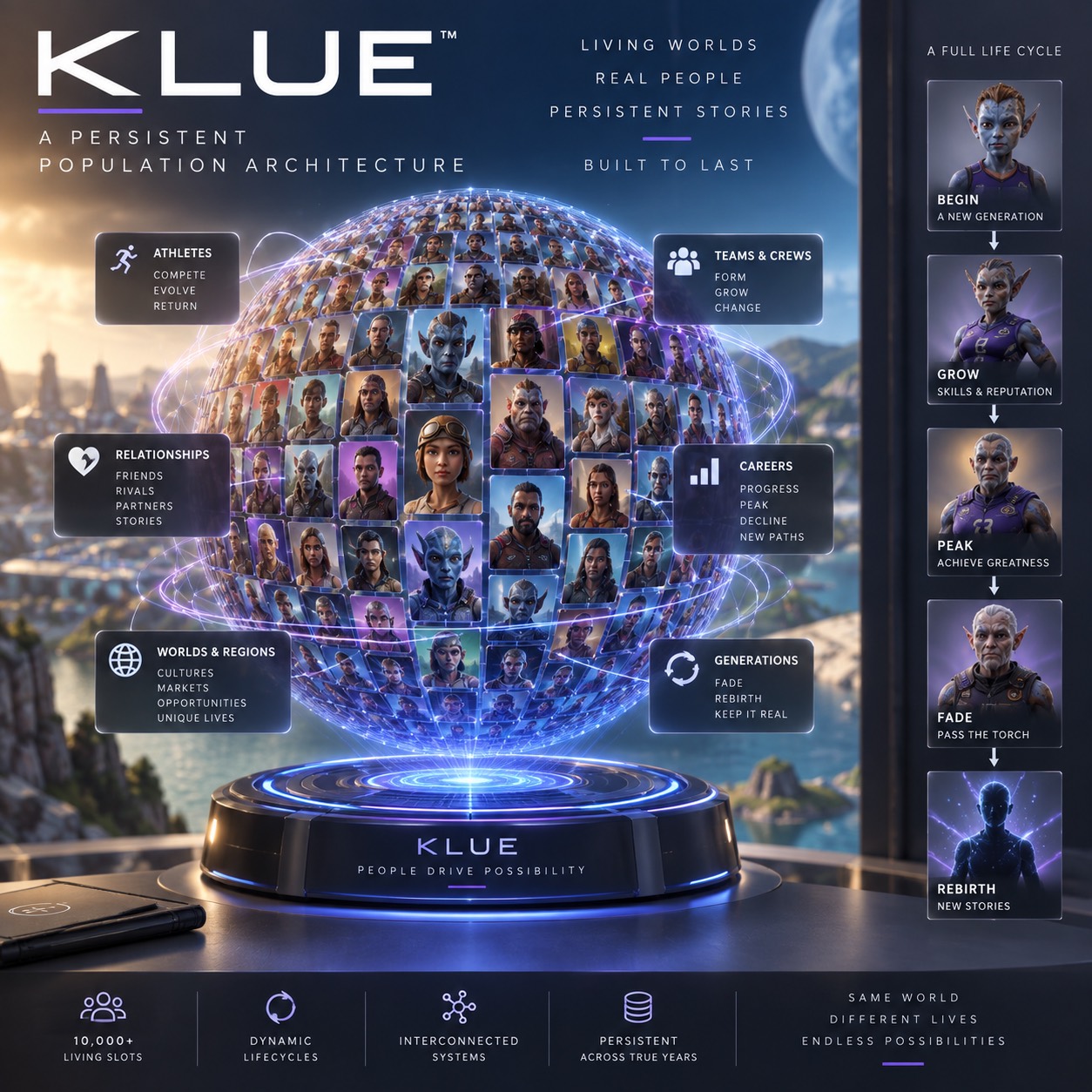 KLUE Living Universe Engine concept visual showing persistent populations, interconnected systems and full lifecycles.