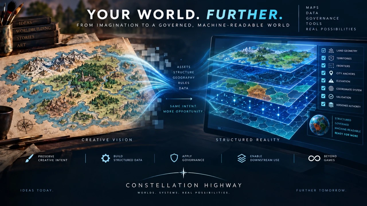 Creative illustrated map transforming into layered, governed and machine-readable spatial data