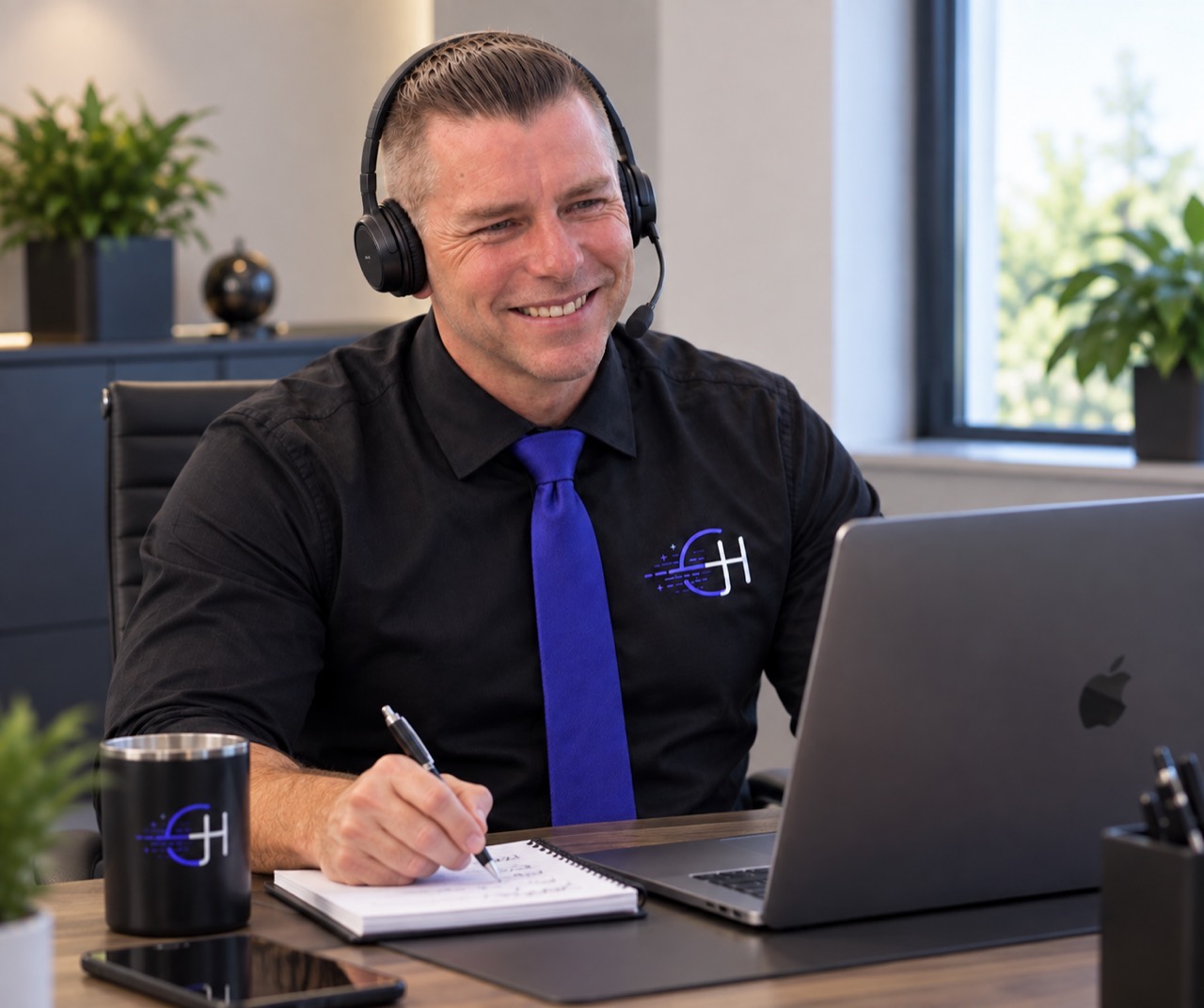 Stu Robertson on a client call, taking notes at a laptop
